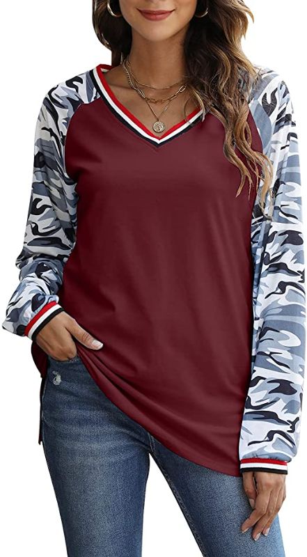 Photo 1 of MYHALF Womens V-Neck Casual T-Shirt Camouflage Raglan Long Sleeve Splicing Tunic
 SIZE S 