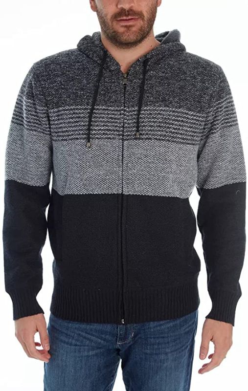 Photo 1 of Men's Classic Soft Knitted Cardigan Sweaters Zip Thick Hooded Jacket Stripe Coat With Pocket
 SIZE S