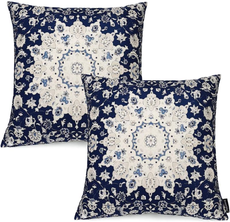 Photo 1 of Booque Valley Throw Pillow Covers, Pack of 2 Ethnic Bohemian Pattern Cushion Covers Floral Medallion Compass Mandala Style Decorative Pillowcases, 18 x 18 inch(Blue and Beige)
