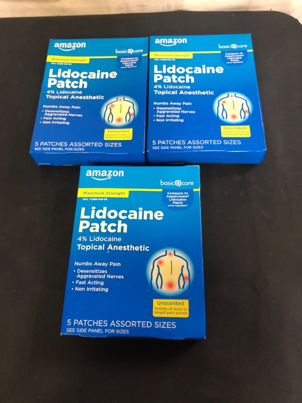 Photo 2 of Amazon Basic Care Lidocaine Patches, 4% Lidocaine, Maximum Strength Pain Relief Patches in Assorted Sizes, Fragrance Free, 5 Count
 3 COUMT, EXP 05/22