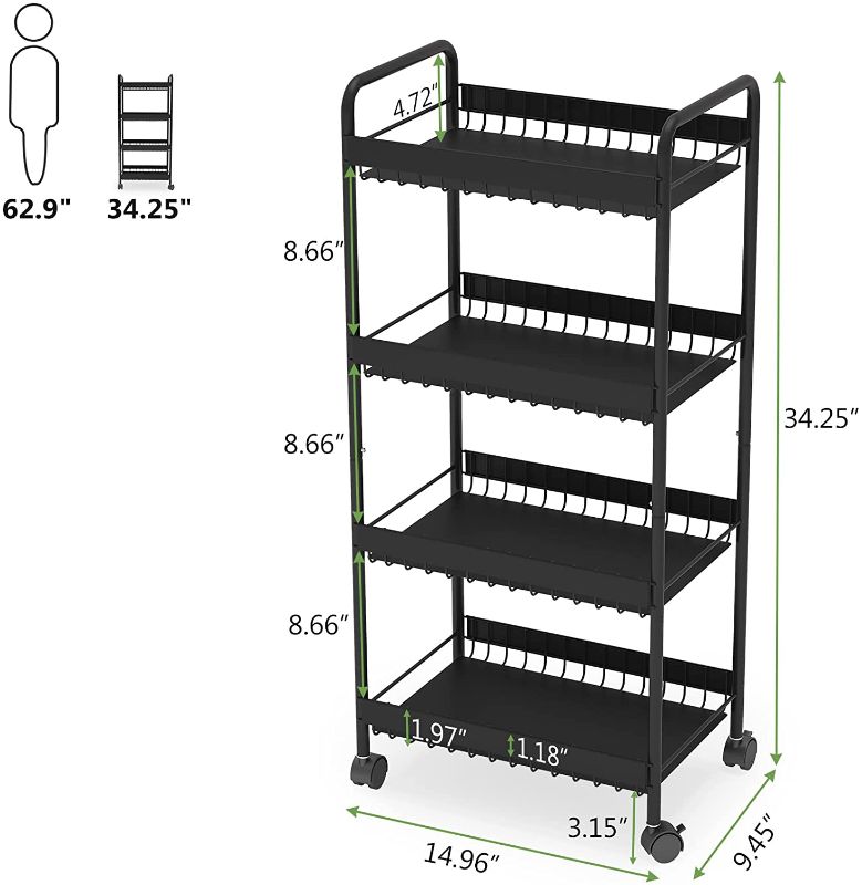 Photo 1 of 4-Tier Rolling Cart, Metal Storage Cart, Utility Cart with Wheels, Bathroom Storage Organizer Shelf, Narrow Kitchen Cart, Living Room Storage Cart
