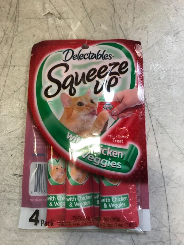 View 3 of Hartz Delectables Squeeze Up Interactive Lickable Wet Cat Treats for Adult & Senior Cats, CHICKEN AND VEGGIE ( PACK OF 8 ) ( 4 CT INSIDE OF BAG ) ( 32 TUBES IN TOTAL )
( EXP: 11/15/2023)