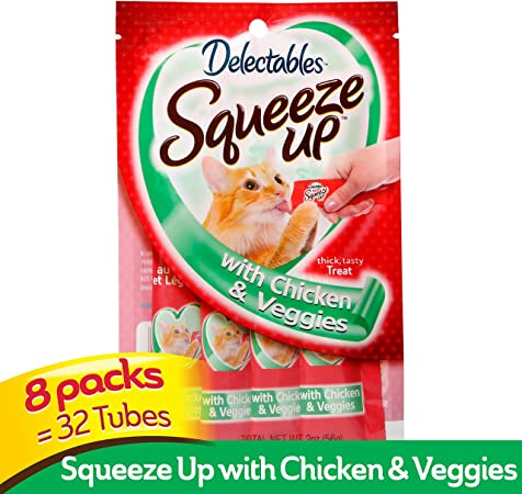 View 1 of Hartz Delectables Squeeze Up Interactive Lickable Wet Cat Treats for Adult & Senior Cats, CHICKEN AND VEGGIE ( PACK OF 8 ) ( 4 CT INSIDE OF BAG ) ( 32 TUBES IN TOTAL )
( EXP: 11/15/2023)