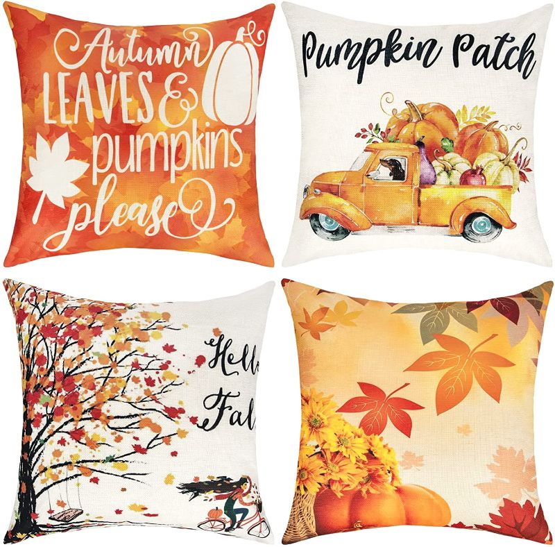 Photo 1 of 2 PK Fall Pillow Covers 18x18, Ouddy 4 Pack Fall Pillows Outdoor Decor, Pumpkin Truck Orange Autumn Pillow Covers Pillowcase Thanksgiving Fall Decorations for Home Sofa Couch Room
