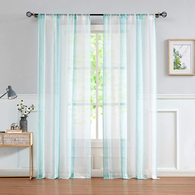 Photo 1 of Central Park Sheer Spa Blue and White Stripe Farmhouse Curtains Boucle Linen Window Curtain Panel Yarn Dyed Woven 108 Inches Long for Living Room Bedroom 2 Pack Rod Pocket Rustic Living Panels
