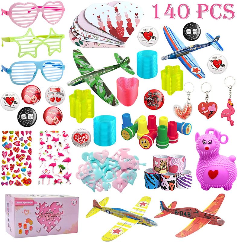 Photo 1 of Bloranda Assorted Valentine's Day Gift Set, 62 PCS Kids Party Favor Set with Stickers, Stampers, Love Card, Heart Glasses, Paper Airplane, Wristband for Valentine's Day Gift Classroom Exchange
