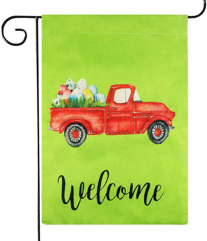 Photo 1 of 3PC LOT, Chericus Easter Garden Flag Welcome Yard Flag Easter Decorations for Outside 12x18 Inch Vertical Farm Truck Burlap Easter Flag Double Sided Spring Garden Flag for Garden Outdoor Decor 2 COUNT, Miayon 8 PCS Easter Bunny Decorations Colorful Rabbit