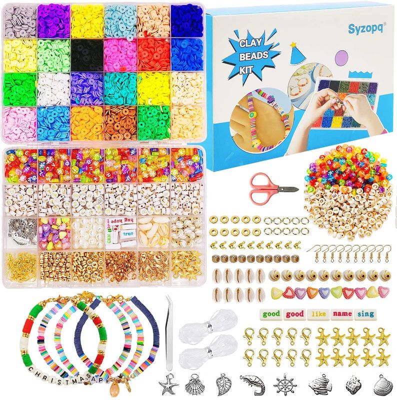 Photo 1 of 5000 Pcs Clay Heishi Beads for Bracelets, Flat Round Clay Spacer Beads with 600 Pcs Letter Beads, Pendants, Clay Beads for DIY Jewelry Making Bracelets Necklace Earring Kit, 24 Colors 6mm
