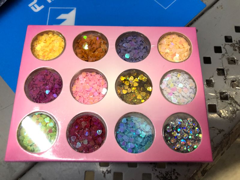 Photo 2 of MEILINDS 12 Colors Hollow Heart Shaped Nail Glitter Powder Shinning DIY Makeup Mirror Sequins Nail Decals
