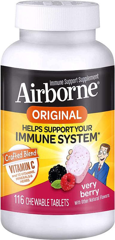Photo 1 of Airborne 1000mg Vitamin C Chewable Tablets with Zinc, Immune Support Supplement with Powerful Antioxidants Vitamins A C & E - (116 count bottle), Very Berry Flavor, Gluten-Free
Best By: Apr 2022