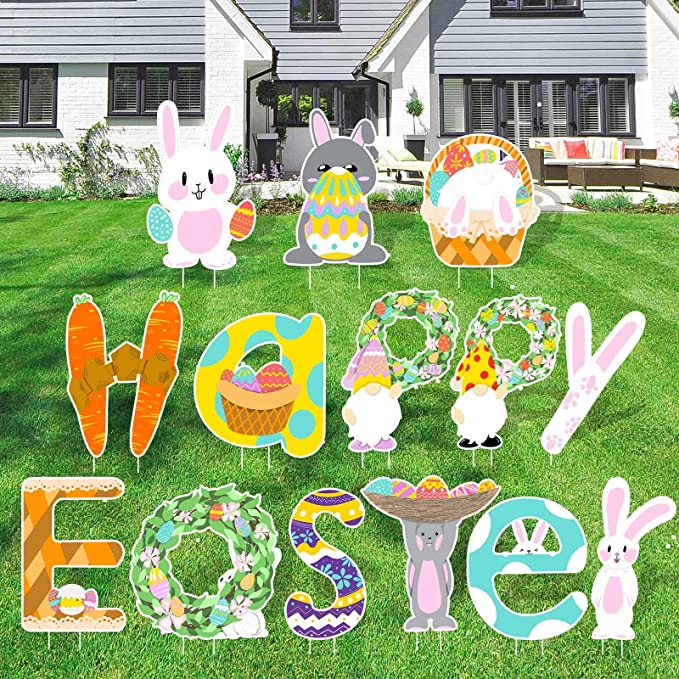 Photo 1 of 14PCS Easter Decorations Outdoor, Easter Lawn Yard Stakes Decor Party Sign