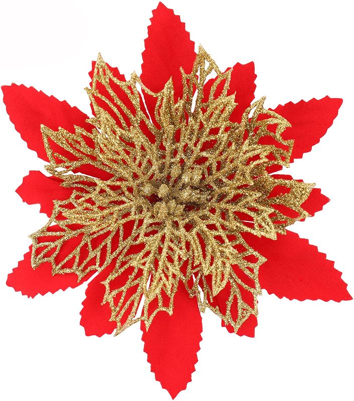 Photo 1 of 12Pcs Christmas Glitter Poinsettia Artificial Flowers with Stems Christmas Ornaments for Xmas Tree Wreaths Garland Holiday Seasonal Wedding Decorations-Red, 7"
