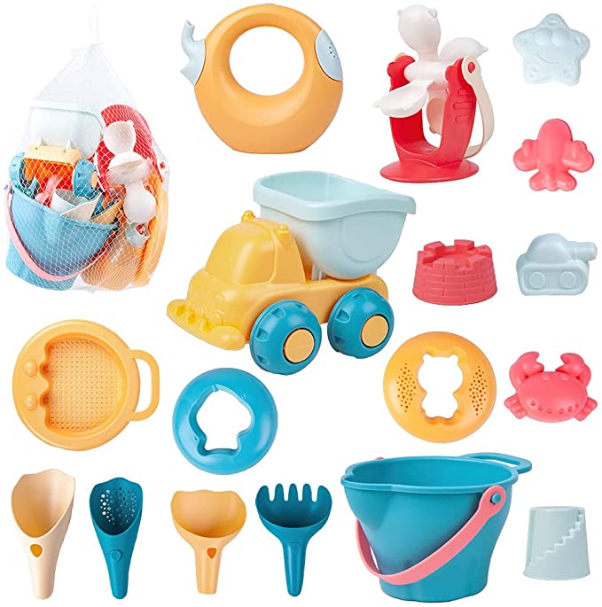 Photo 1 of Docuwee Sand Toys Set Beach Toys for Kids 17 Pieces Include Castle Molds, Water Wheel, Play Sand Beach Shovel Tool Sand Bucket and in Mesh Beach Bag