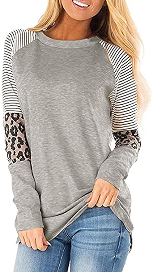 Photo 1 of LAMAOLU Women Tops Striped Causal Leopard Print Color Block Tunic Comfy Round Neck Long Sleeve Shirts Blouses T Shirt  Size M