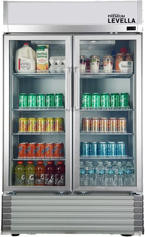 Photo 1 of Premium Levella Double Door Soda, Beer, Wine, Water and Beverage Merchandiser Display Refrigerator Upright Glass Doors Commercial Fridge 21 cu ft Freestanding LED Light Holds 684 Cans for Home, Store, Gym or Office with 8 Adjustable Removable Shelves (21)