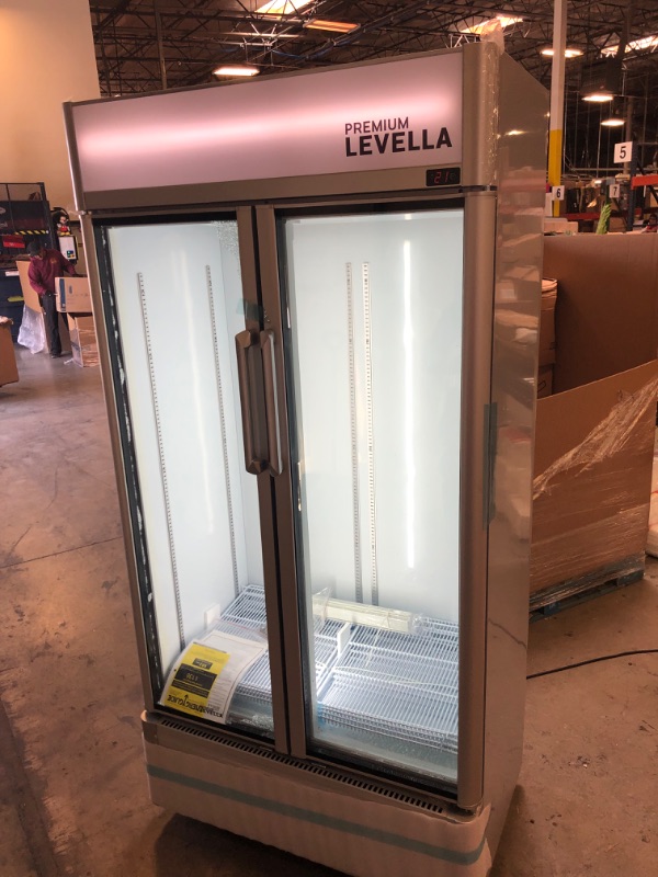 Photo 1 of Premium Levella Double Door Soda, Beer, Wine, Water and Beverage Merchandiser Display Refrigerator Upright Glass Doors Commercial Fridge 21 cu ft Freestanding LED Light Holds 684 Cans for Home, Store, Gym or Office with 8 Adjustable Removable Shelves (21)