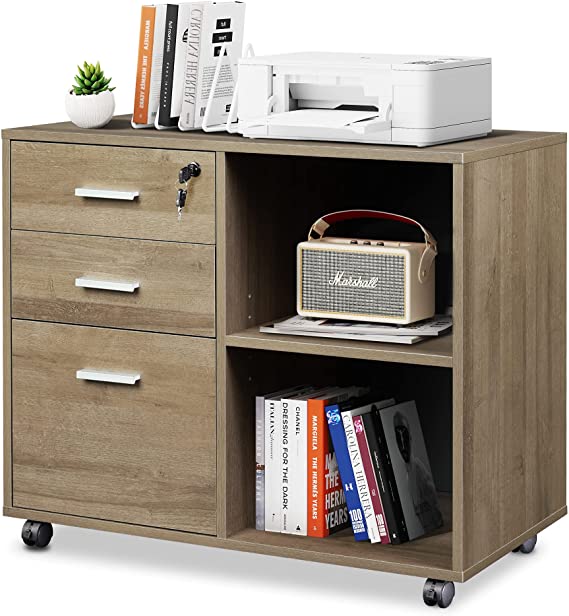 Photo 1 of DEVAISE 3-Drawer Wood File Cabinet with Lock, Mobile Lateral Filing Cabinet, Printer Stand with Open Storage Shelves for Home Office, Gray Oak
