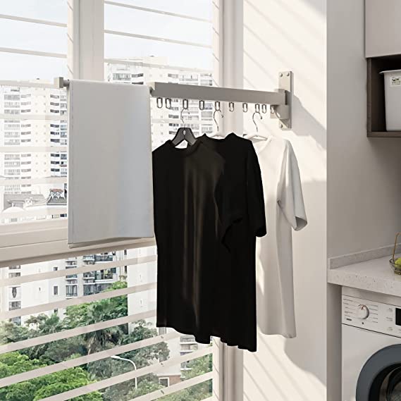 Photo 1 of BENOSS Wall Mounted Clothes Drying Rack, Retractable Laundry Drying Rack Space Saver Hangers, Easy to Install, for Balcony, Laundry, Bathroom and Bedroom (Gray-Short)
