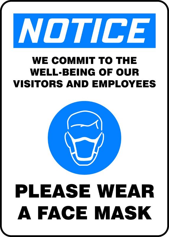 Photo 1 of Accuform-MPPA832VP"Notice We Commit to The Well Being of Our Visitors and Employees - Please WEAR A FACE MASK" Sign, Plastic, 14" x 10" -- 4 Pack