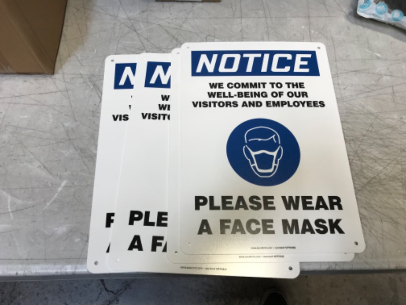 Photo 2 of Accuform-MPPA832VP"Notice We Commit to The Well Being of Our Visitors and Employees - Please WEAR A FACE MASK" Sign, Plastic, 14" x 10" -- 4 Pack