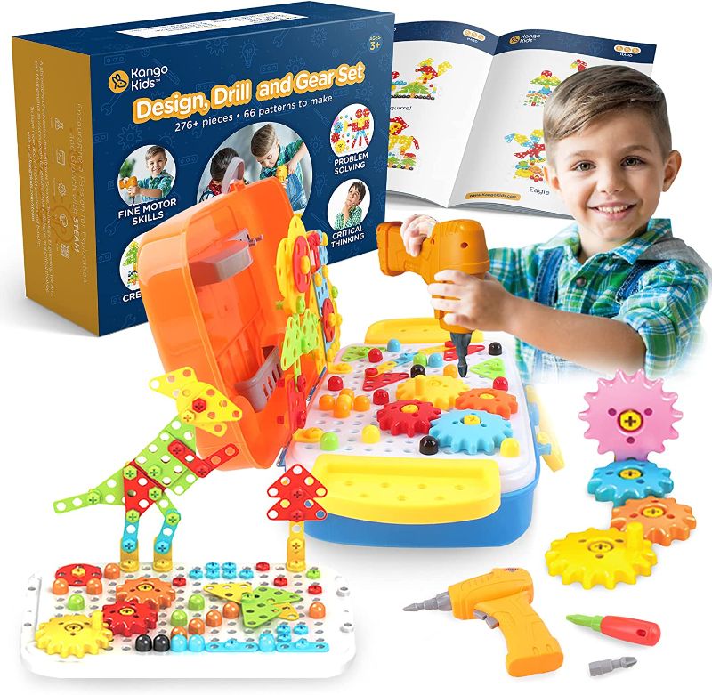 Photo 1 of KangoKids Building Toys 276pc Design and Drill for Kids, Learn Construction & Engineering with STEM Toys Drill Mosaic Kids Drill Toy, Drill Set Toys for Kids with Electric Drill, Gears & Storage Case
