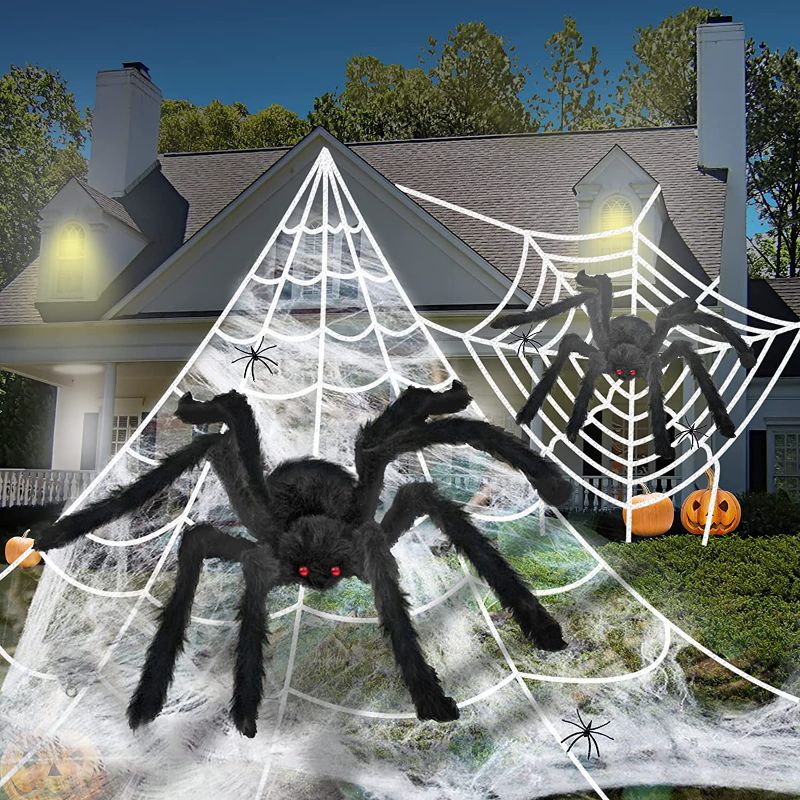 Photo 1 of 4 Pack Halloween Scary Spider Decorations Outdoor, 59''+35'' Large Scary Spider and 275'' Triangular + 157'' Round Big Spider Web with Stretch Web Ground Stakes for Indoor Halloween
