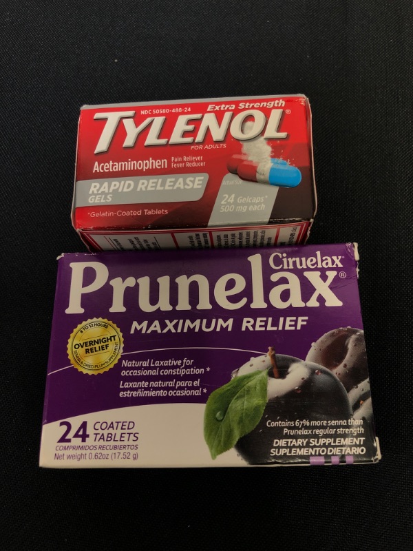 Photo 3 of (Bundle) Tylenol Extra Strength Acetaminophen Rapid Release Gels, Pain Reliever & Fever Reducer, 24 count (EXP 09/2022)... &
Prunelax Ciruelax Maximum Relief Natural Laxative for Occasional Constipation, 24 Tablets (EXP 08/2023)