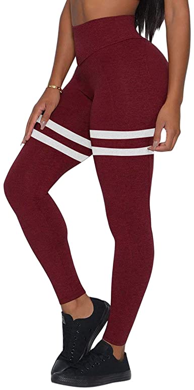 Photo 1 of -- --SIXE XXL-- rrhss Women's Striped High Waisted Yoga Pants Color Block Tummy Control Workout Butt Lifting Stretchy Leggings (Wine Red)
