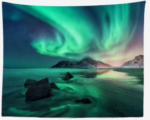 Photo 1 of Batmerry Northern Lights Tapestry, Space Beautiful Galaxy Night Starry Image Picnic Mat Beach Towel Wall Art Decoration for Bedroom Living Room Dorm, 51.2 x 59.1 Inches, Green
