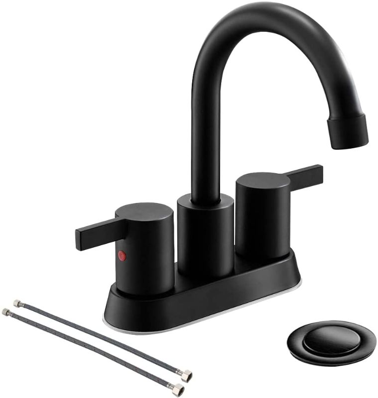 Photo 1 of 4 Inch 2 Handle Centerset Matte Black Lead-Free Bathroom Faucet, with Copper Pop Up Drain and 2 Water Supply Lines, BF015-1-MB
