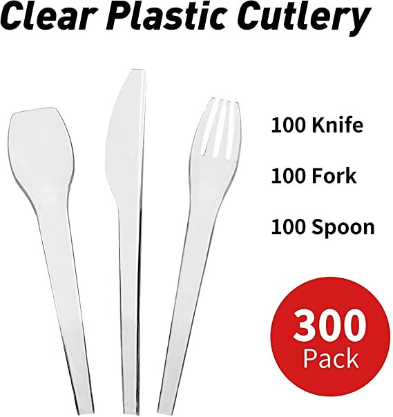 Photo 1 of [300 Count] Plastic Silverware, Disposable cutlery, Clear Forks Spoons Knives, Utensil Sets for Kids, 100 Each, [6 Inches]

