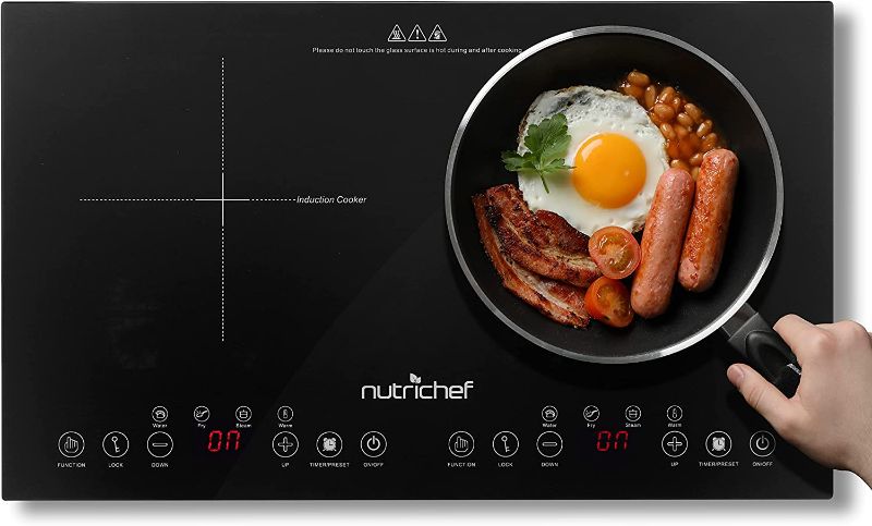 Photo 1 of Double Induction Cooktop - Portable 120V Portable Digital Ceramic Dual Burner w/ Kids Safety Lock - Works with Flat Cast Iron Pan,1800 Watt, Touch Sensor Control, 12 Controls -PKSTIND49
