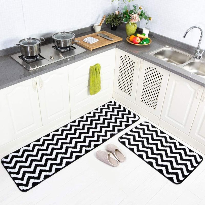 Photo 1 of Carvapet 2 Pieces Microfiber Chevron Non-Slip Soft Kitchen Mat Bathroom Rug Set Water Absorbent Bath Runner Carpet Set, 20"x63"+20"x31", Black
