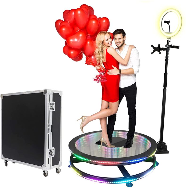 Photo 1 of ZLPOWER 360 Photo Booth Machine Spinner Automatic Glare Glass Photo Booth Video Platform Surround Shooting Equipment Camera Rotating Selfie Spin Degree with Stand Adjustable for Christmas-100cm/39.4“ --- minor damage to flight case. wheel bent/dents/scrat