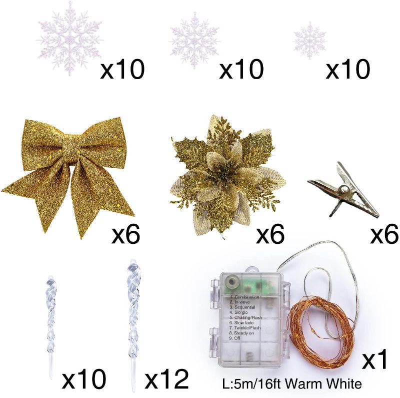 Photo 1 of 65 Pcs Christmas Tree Ornaments Set, Clear Icicle, Bows, Snowflake, Artificial Christmas Flowers Glitter Gold, Holiday Shatterproof Hanging Decorations, Golden
