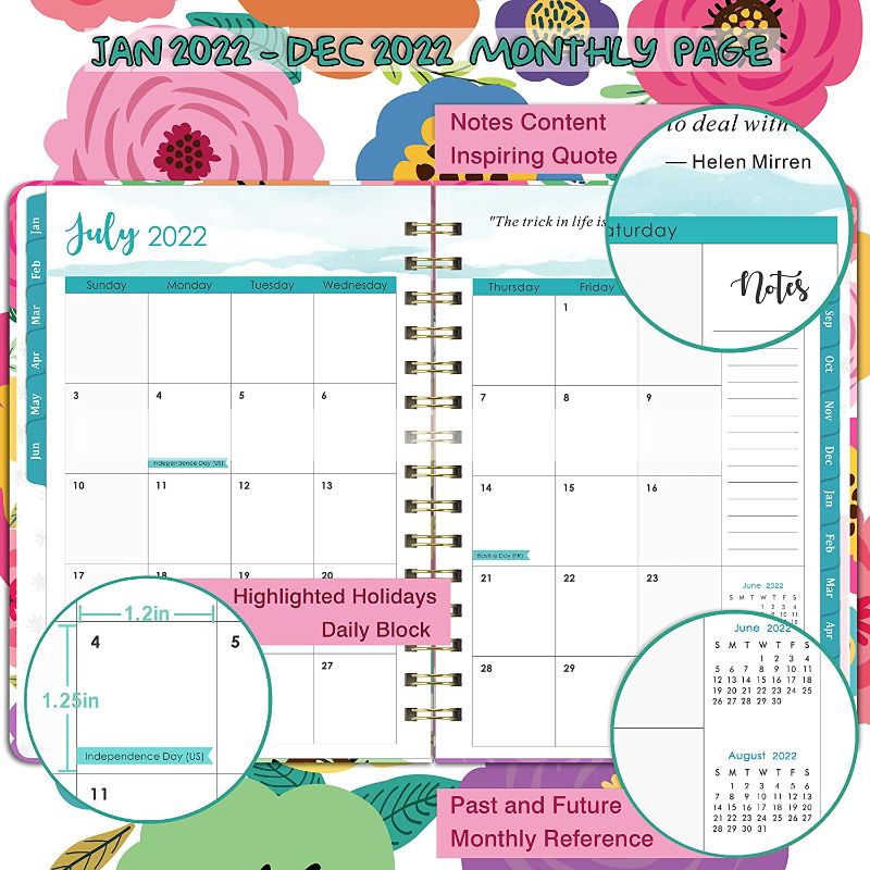 Photo 1 of 2022 Planner - Planner 2022 Weekly & Monthly with Tabs, 6.3" x 8.4", Jan. 2022 - Dec. 2022, Hardcover with Back Pocket + Thick Paper + Twin-Wire Binding - Colorful Floral
