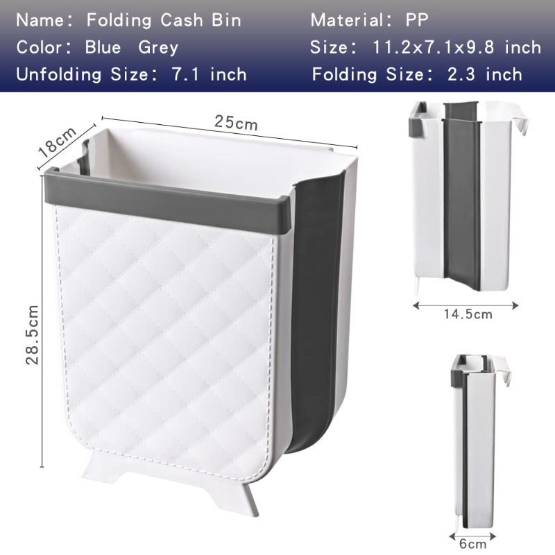 Photo 2 of Hanging Folding Garbage Bin 2.4 Gallon Waste Bin, Plastic Waterproof Small Trash Can for Kitchen Bedroom Bathroom White and Blue
