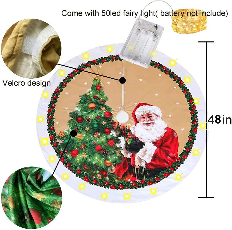 Photo 2 of Christmas Tree Skirt , 48 Inch Christmas Tree Mat with Santa Claus Pattern with 16.5Ft/5M 50 led Battery Operated Fairy Lights Xmas Skirt for Tree, Merry Christmas Tree Dress for New Year Supplies
