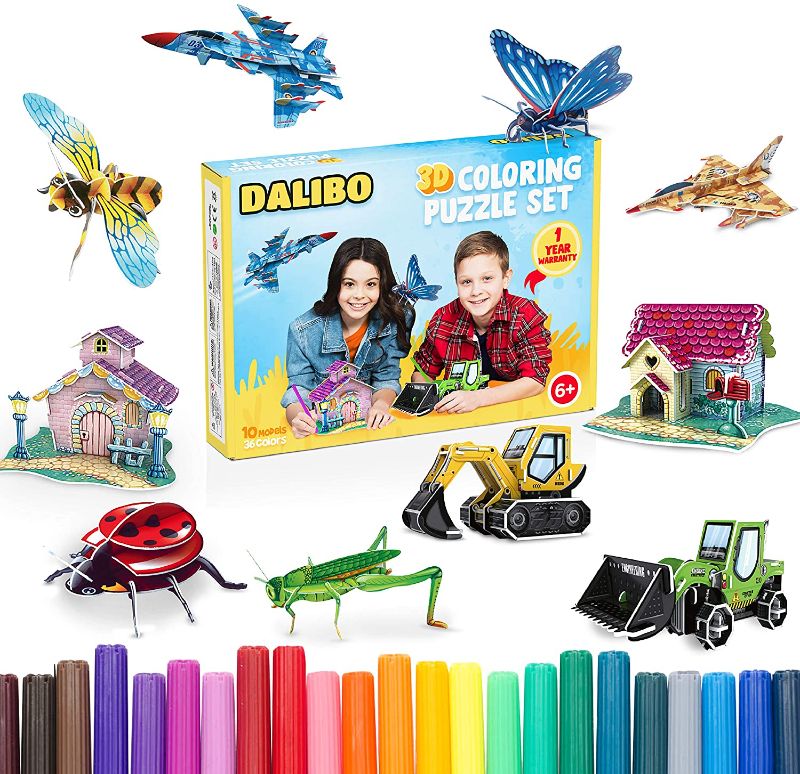 Photo 1 of DALIBO 3D Coloring Puzzle Set - Arts and Crafts Set with 10 Cool Models, 36 Coloring Pens - Fun & Educational Learning Activity Kit for Boys & Girls - Creative Gift Ideas & Supplies for Kids Age 6+