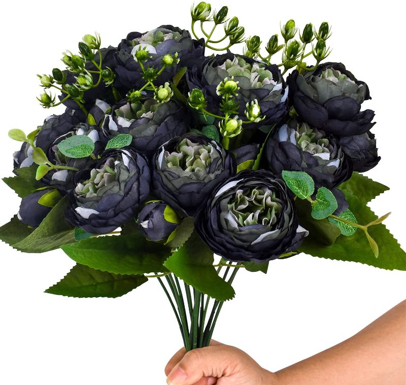Photo 1 of 4 Packs Artificial Peony Silk Flowers Fake Glorious Flower Bouquets for Wedding Party Bridal Home Decoration, 5 Forks, 9 Head (Black)