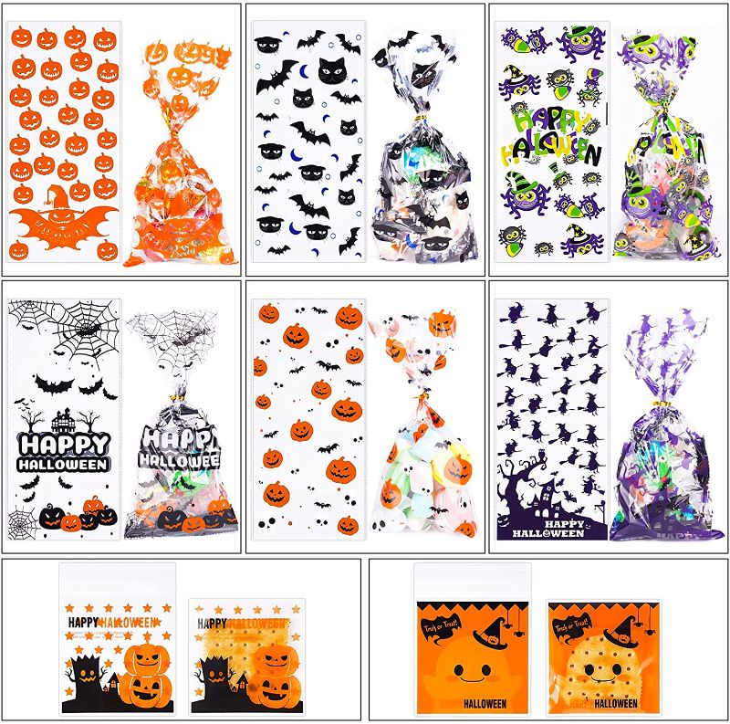 Photo 1 of 3 PACK - NiHome 200PCS Halloween Cellophane Bags Halloween Clear Cellophane Candy Gift Treat Bags Assorted Pattern, 2 Sizes 10.6"x5" with 3" Twist Ties, 3.9"x3.9" Self-Adhesive Halloween Party Favors Supplies
