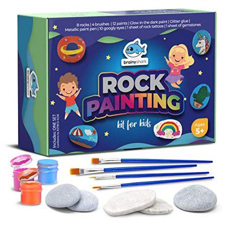 Photo 1 of Brainy Shark Rock Painting Kit for Kids - Children's Arts and Crafts Set - 8 Rocks, 12 Paints, 4 Brushes, Googly Eyes, Metallic Paint Pen, Glitter Glue 