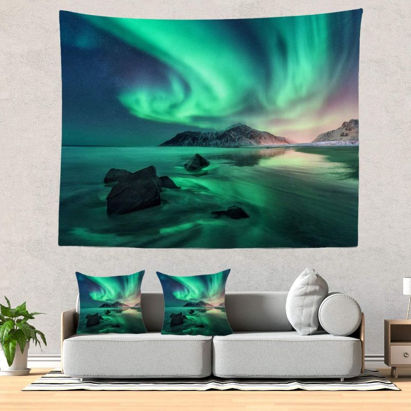 Photo 1 of Batmerry Northern Lights Tapestry, Space Beautiful Galaxy Night Starry Image Picnic Mat Beach Towel Wall Art Decoration for Bedroom Living Room Dorm, 51.2 x 59.1 Inches, Green 2 pack 
