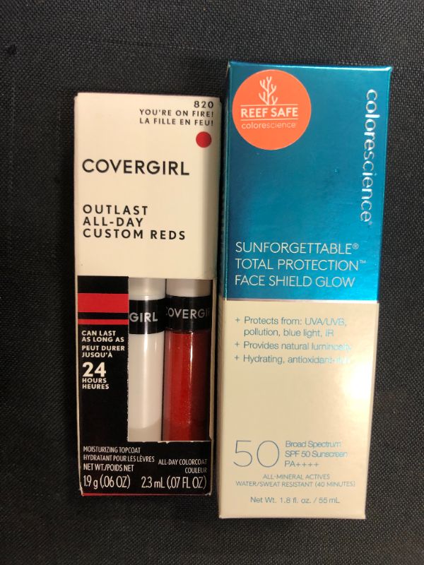 Photo 3 of Colorescience Sunforgettable Total Protection Face Shield Glow SPF 50, Glow, 1.8 fl. oz. with added covergirl lipstick 


