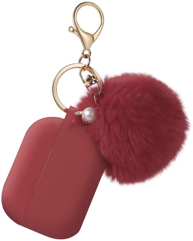 Photo 1 of Protective Case Cover for Airpods Pro Charging Case, Upgraded Air Pods Silicone Case Skin Newest with Soft Cute Fur Ball Pom Pom Keychain Kit (A, Wine Red)
