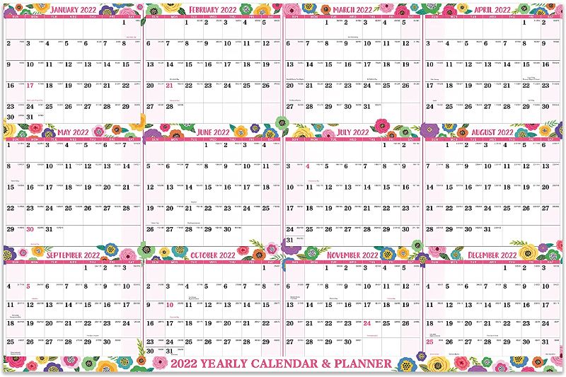 Photo 1 of 2022 Yearly Wall Calendar - 2022 Yearly Full Wall Calendar with Thicker Paper,January - December 2022, Bonus Pocket, 34.3" x 22.8", XLarge, Horizontal - Colorful Floral--- 5 PACK 
