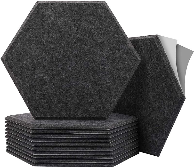 Photo 1 of 12 Pack Self-adhesive Hexagon Acoustic Panels Beveled Sound Proof Foam Panels, 12"X12"X 0.45" High Density Sound Proofing Padding for Wall, Acoustic Treatment for Studio, Home,Office (Sesame Black)
