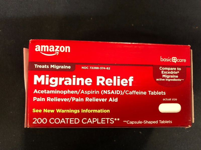Photo 2 of Amazon Basic Care Migraine Relief, Acetaminophen, Aspirin (NSAID) and Caffeine Tablets, 200 Count---expires Oct 2022 