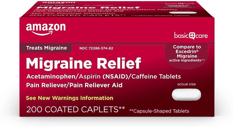 Photo 1 of Amazon Basic Care Migraine Relief, Acetaminophen, Aspirin (NSAID) and Caffeine Tablets, 200 Count---expires Oct 2022 