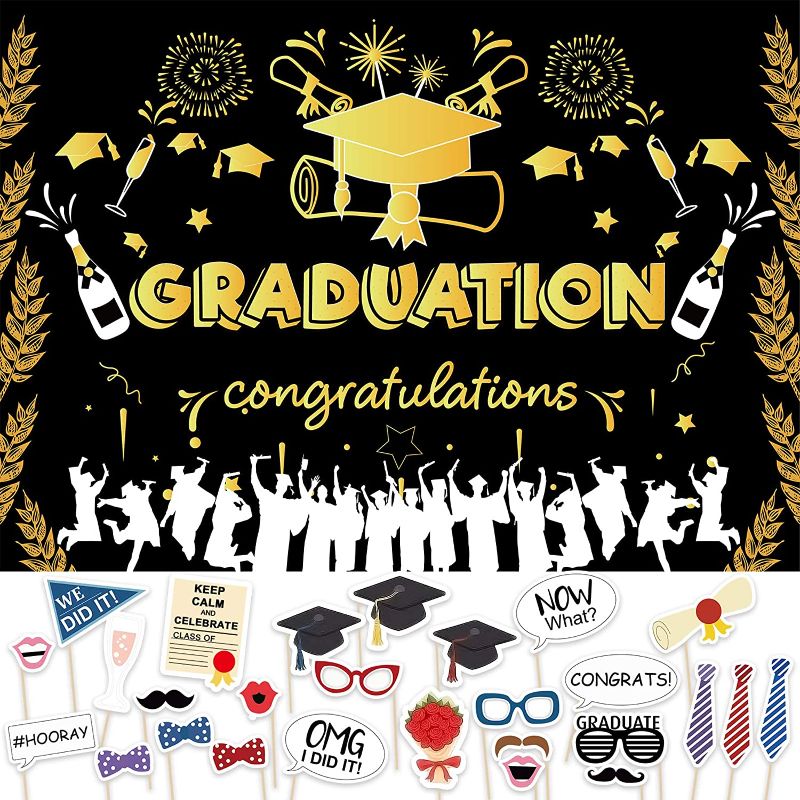 Photo 1 of 2022 Graduation Banner Party Supplies Photo Backdrop, Congrats Grad Photography Background Hanging Banner 7x5ft + 28 Pcs Photo Props Graduation Party Photo Booth Props Funny Selfie Graduation Decor
